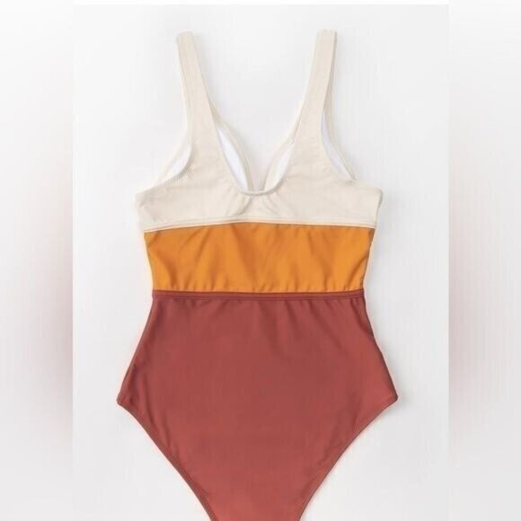 Cupshe Women’s One-Piece Swimsuit M Orange Color Block V-Neck Wide Strap Cheeky - Picture 4 of 7